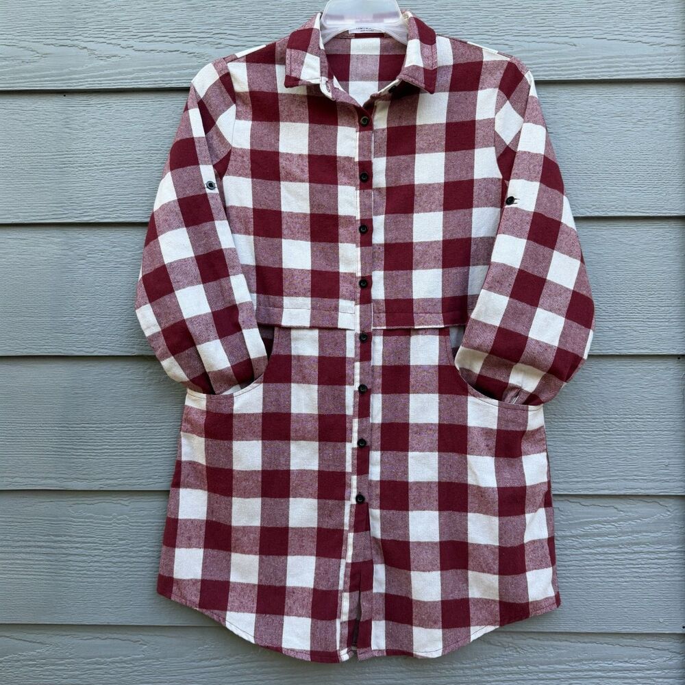 Hotouch M Shirt Dress Women Maroon Burgundy Cotton Flannel Plaid Button Pockets